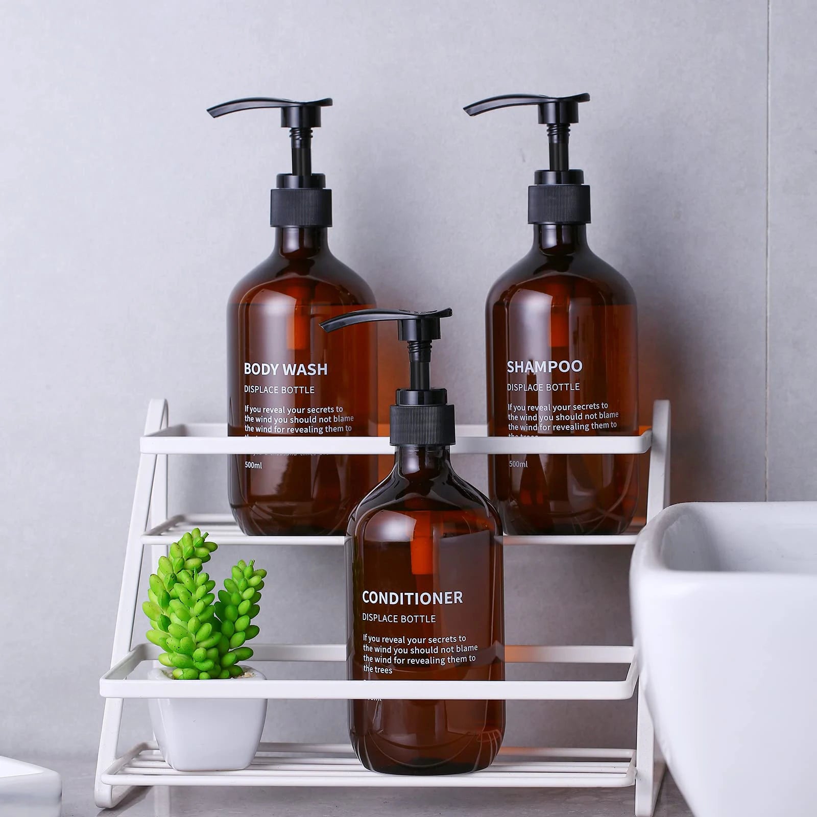 Shampoo and Conditioner Dispenser Set Shower Soap Bottles Amber Refillable Shampoo and Conditioner Bottles for Hotel Bathroom Peaceful Pleasures Health and Wellness