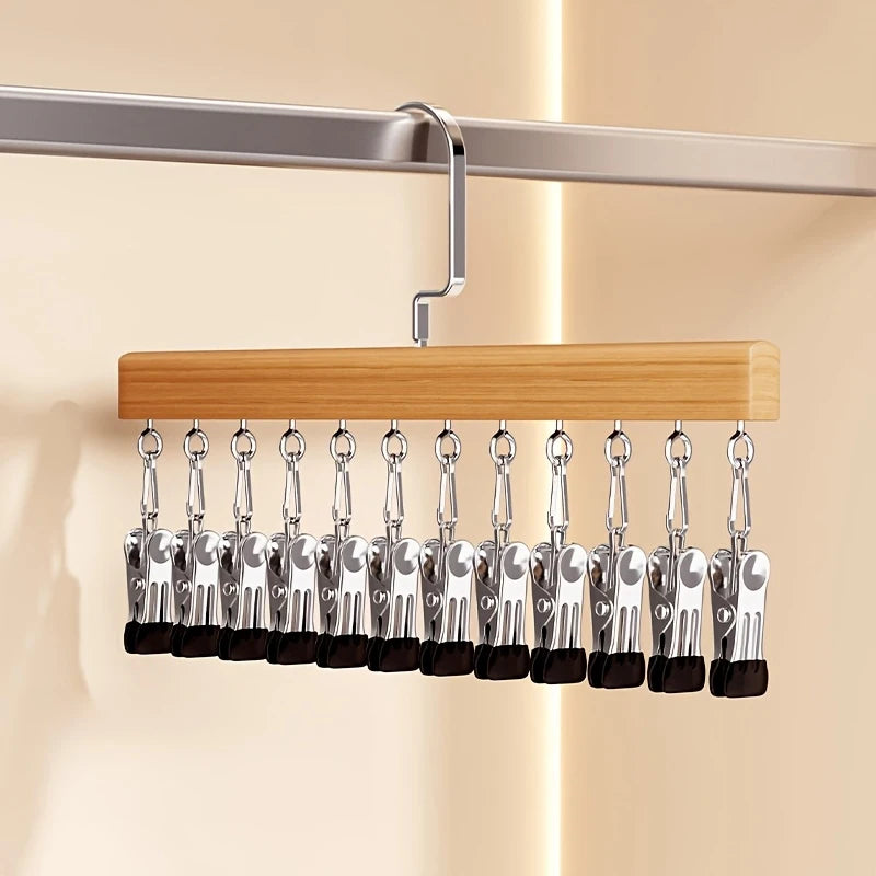 12-Clip Wooden Hat Organizer | Closet Hanger for Caps & Towels