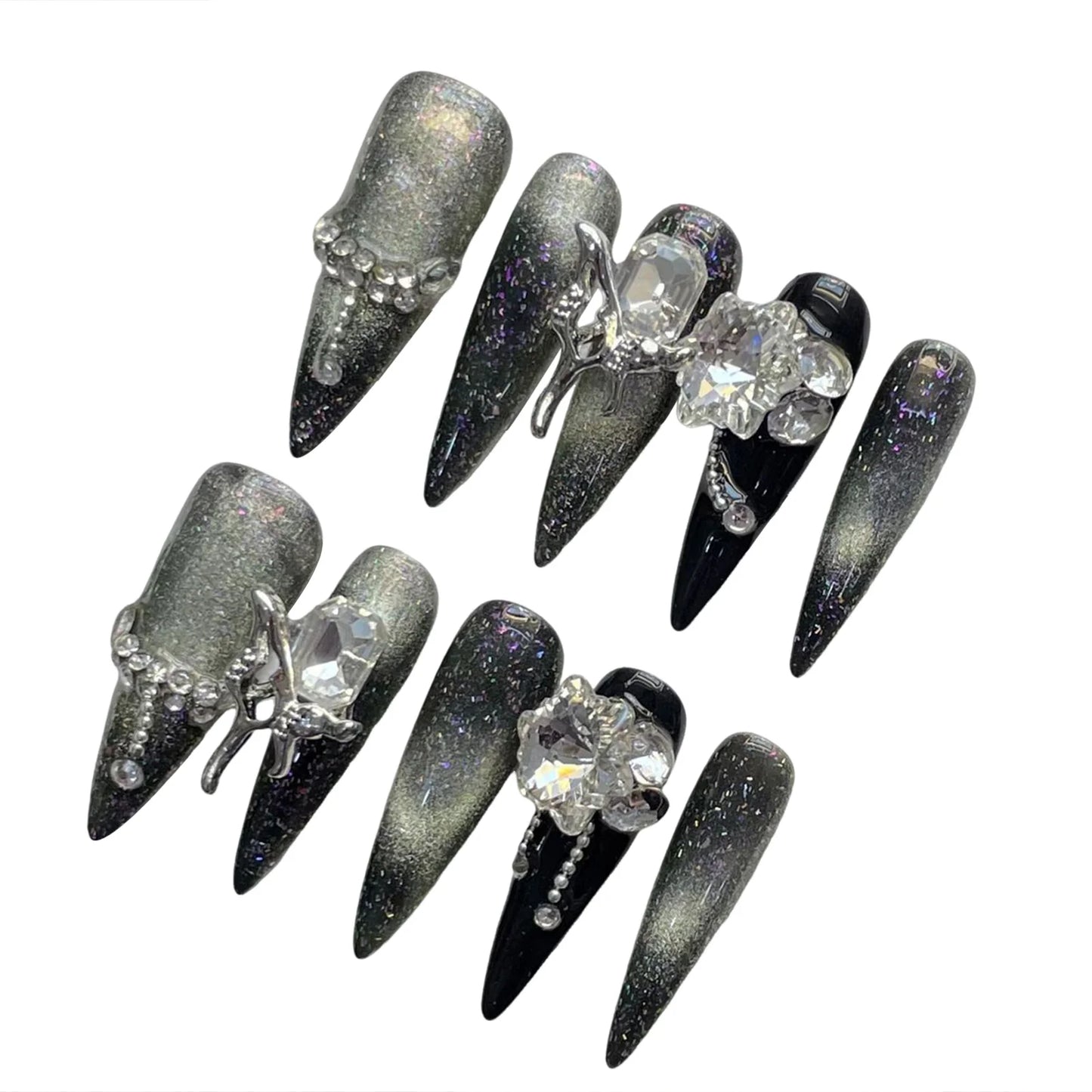 Gothic Black Silver Press-On Nails | Long Crystal Stiletto Set