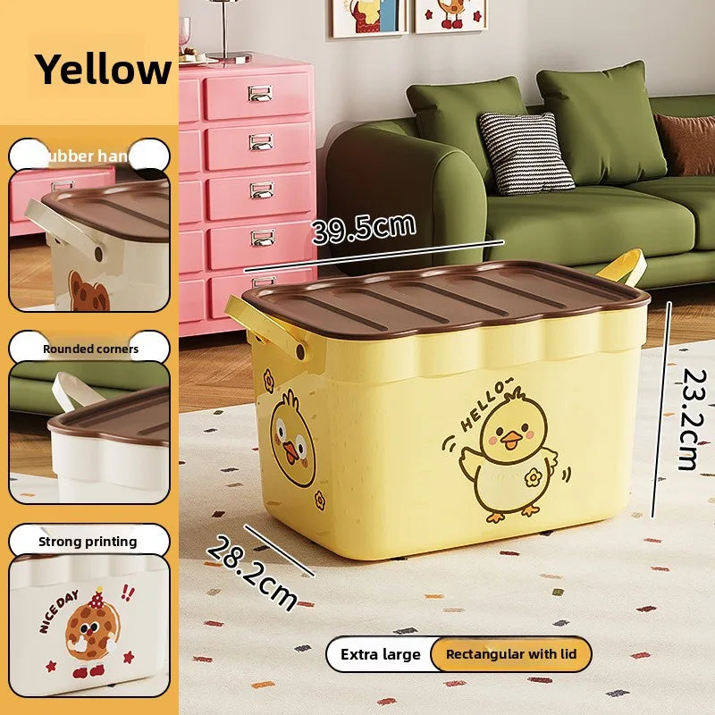 Cartoon Pattern Lidded Storage Box for Toys Snacks Dustproof Desktop Container Household Storage Solution for Various Items Peaceful Pleasures Health and Wellness Yellow with Lid XXL 1 Pc