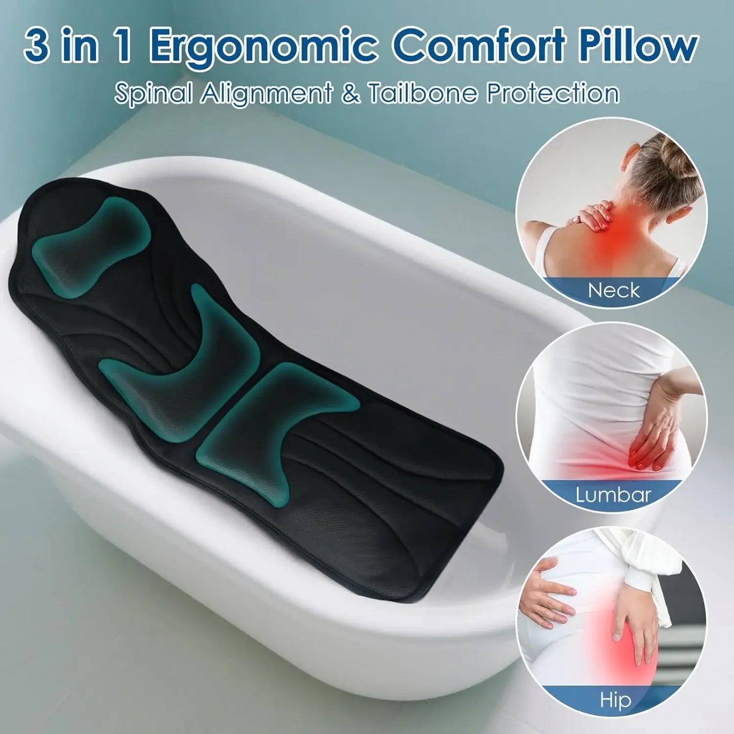 Full Body Bathtub Pillow with Ergonomic Support, Non-Slip Suction Cups & Dual Hooks for Relaxation, 51'' x 17'' Peaceful Pleasures Health and Wellness