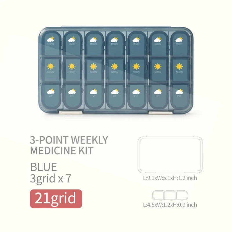 Portable 21/28 Grids Weekly Pill Box Medicine Dispenser Tablet Organizer Storage Boxes 7 Days Compartment Pills Case Container Peaceful Pleasures Health and Wellness 21G Blue