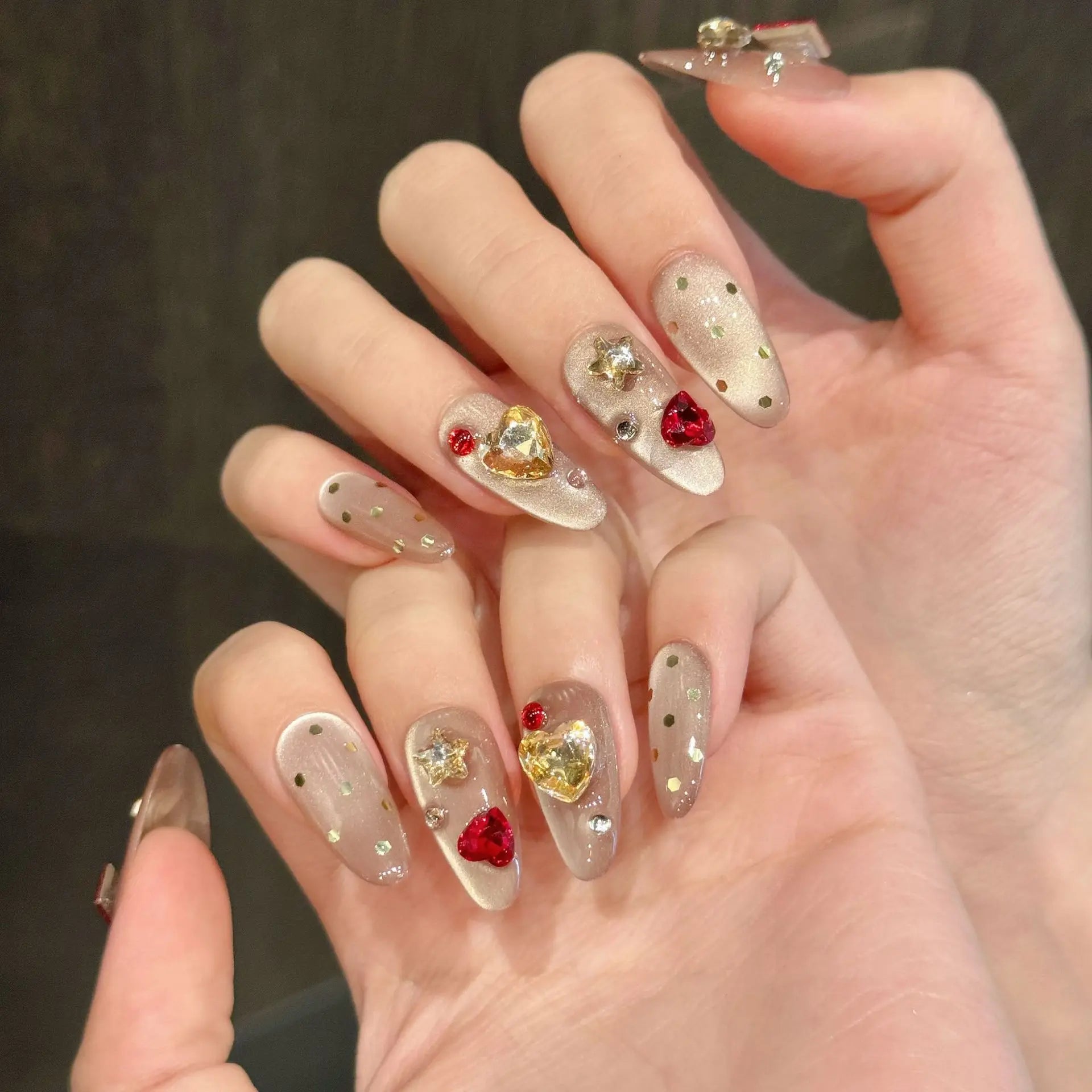Press On Nails Pink Almond Cat Eye Korean Flower Design – 10pc Press-On Nails Peaceful Pleasures Health and Wellness