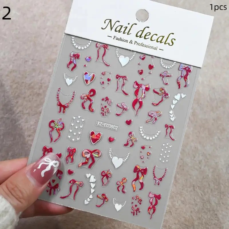 Aurora French Ribbon Heart Nail Stickers Pearl Love Chain Adhesive Nail Decals Valentine's Day Bows Manicure Sticker Peaceful Pleasures Health and Wellness 2