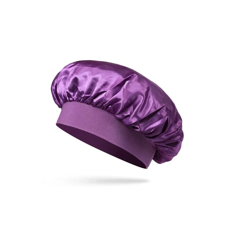 Silk Satin Bonnet for Sleeping Large Wide Soft Band Sleep Cap Women's Curly Hair Braids Protective Style Hair Accessory Peaceful Pleasures Health and Wellness PURPLE