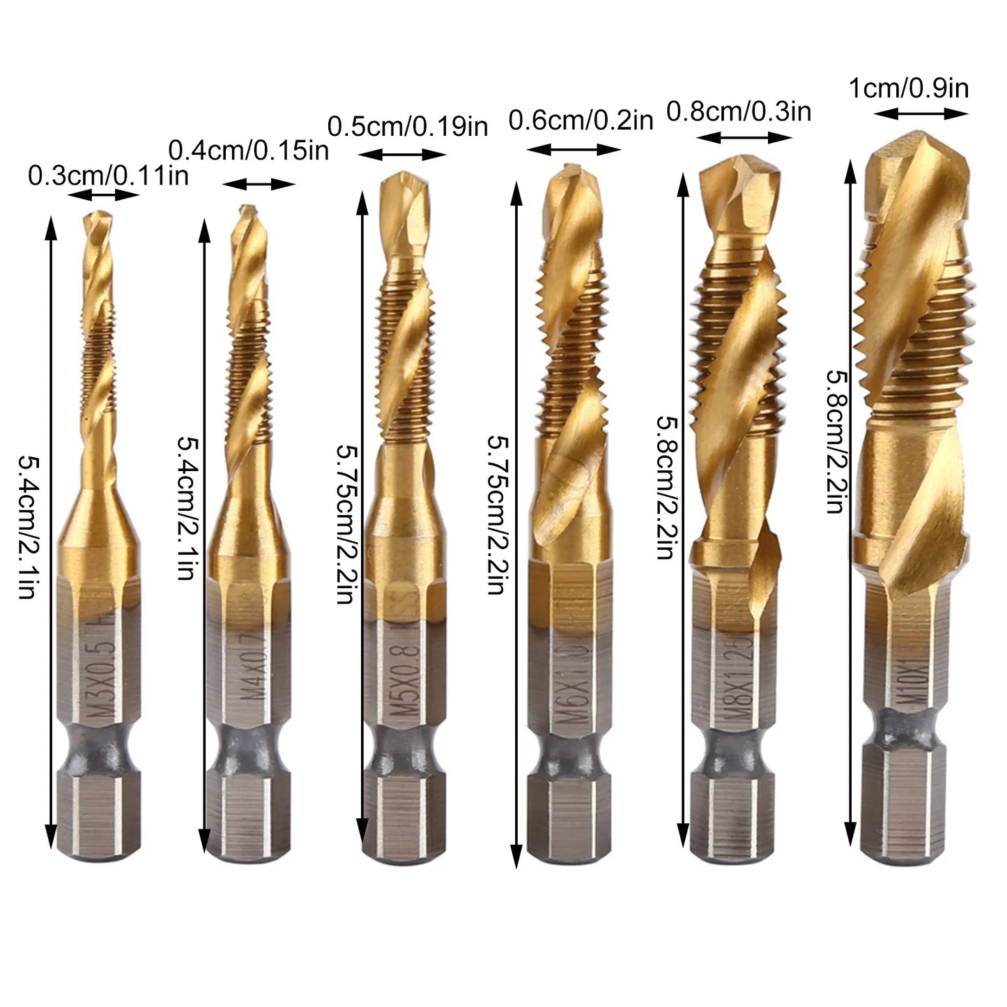 Metric Thread M3-M10 Titanium Coated HSS Drill Tap Bits 1 4 Hex Shank