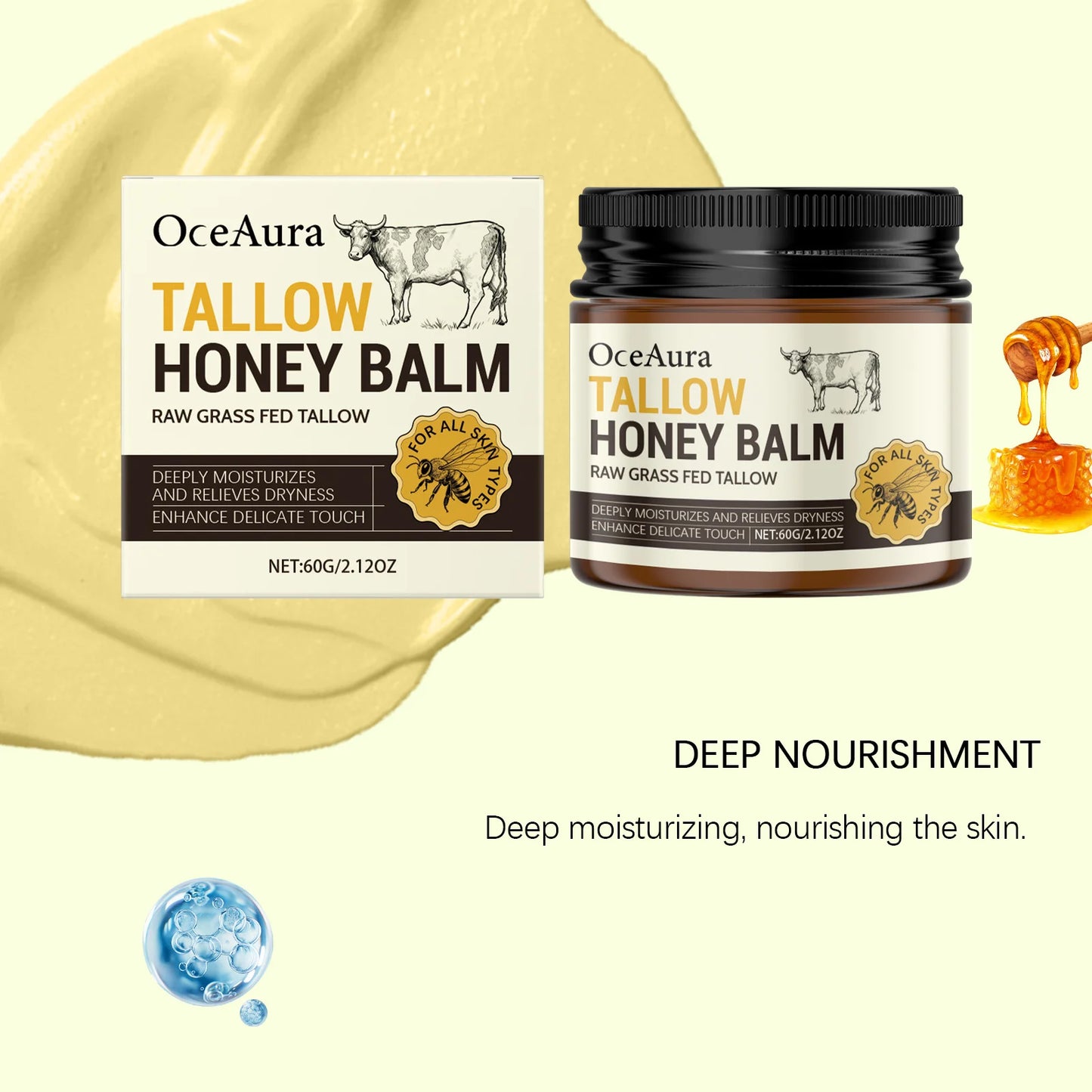 Grass Fed Tallow Honey Balm Nourishing Repair Damaged Skin Fade Fine Lines Improve Dullness Smoothing Glow Soothing Moisturizer Peaceful Pleasures Health and Wellness