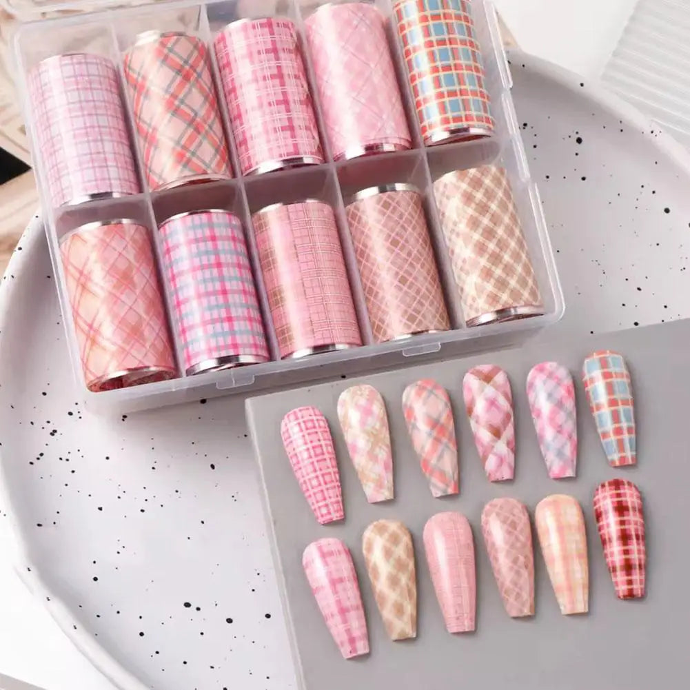 10Roll/Box Plaid/Flower Nail Foil Transfer Stickers for Nail Art Self-Adhesive Nail Decals Foil Paper Decals Nail Supplies Decor Peaceful Pleasures Health and Wellness
