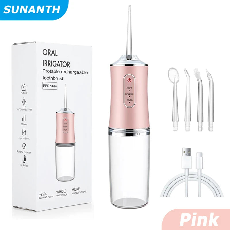 Portable Oral Irrigator USB Fast Rechargeable Mouth Washing Machine For Family Travel 3 Modes 4 Jet Tips Teeth cleaning machine Peaceful Pleasures Health and Wellness 059-Pink