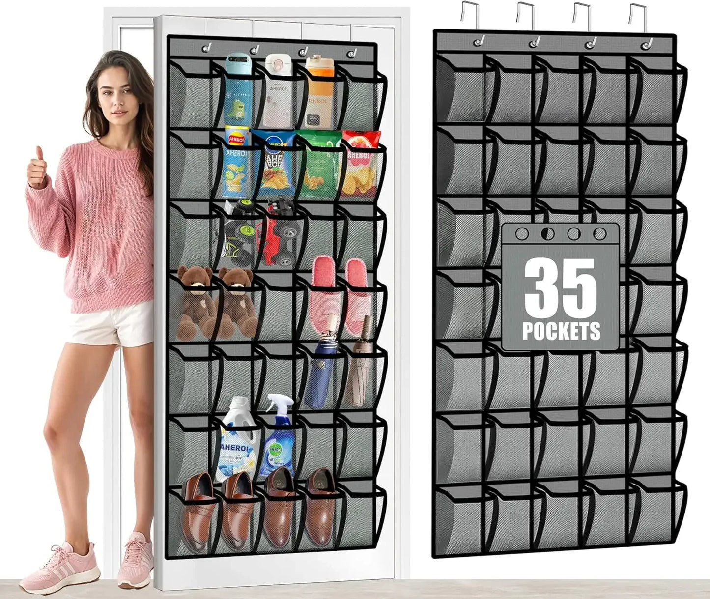 35-Pocket Over Door Shoe Organizer, Hanging Storage Rack Holds 40 lbs, Gray Mesh Durable Bag Peaceful Pleasures Health and Wellness United States