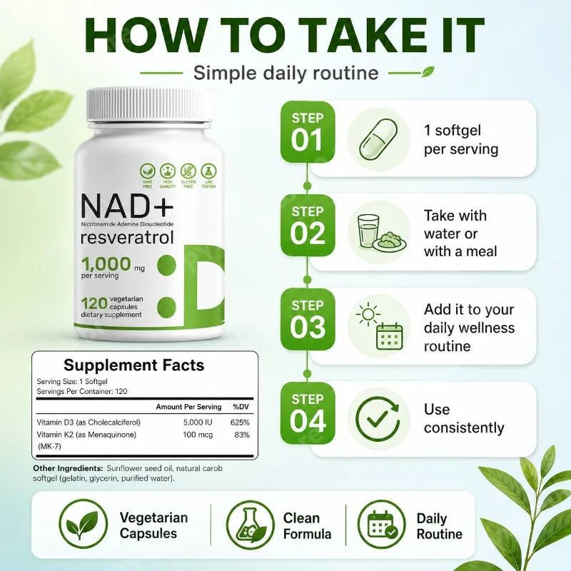 NAD+ 1000mg Resveratrol Vitamin D3 K2 – 120 Veg Capsules