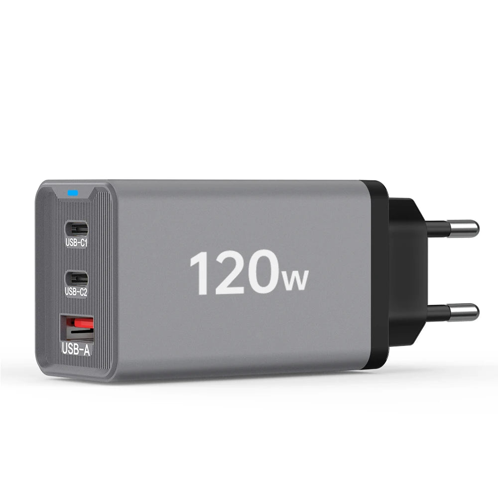 120W 3-Port USB-C Fast Charger PD3.0 QC3.0 Wall Adapter