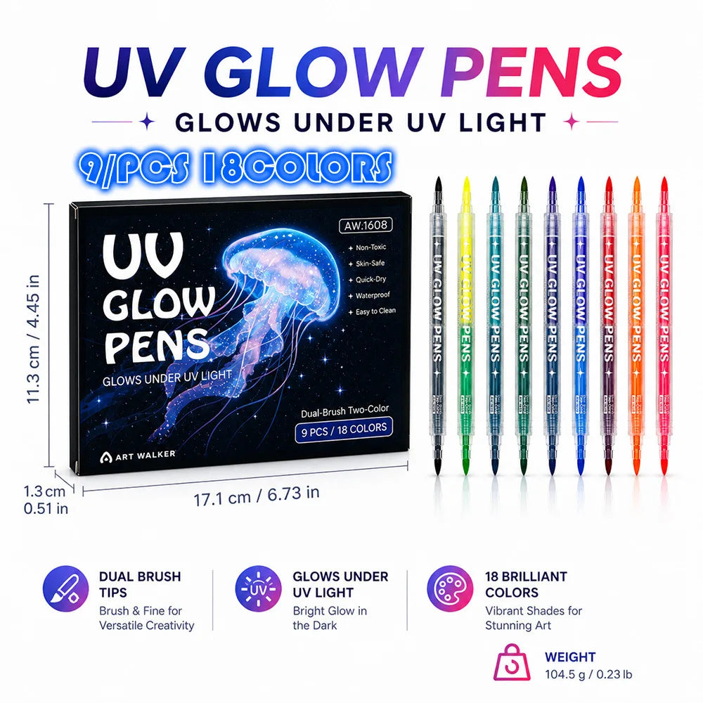 Dual Tip UV Neon Face & Body Paint Markers, Glow Fluorescent Washable Skin Safe Tattoo Pens, Halloween Rave Festival Party Peaceful Pleasures Health and Wellness 9pcs