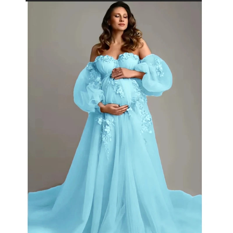 Hand-Finished Pink Maternity Photo Gown - Off-Shoulder Sheer Tulle Dress Embroidery Appliques - Baby Shower Pregnancy Shoot Robe Peaceful Pleasures Health and Wellness lake blue US 6