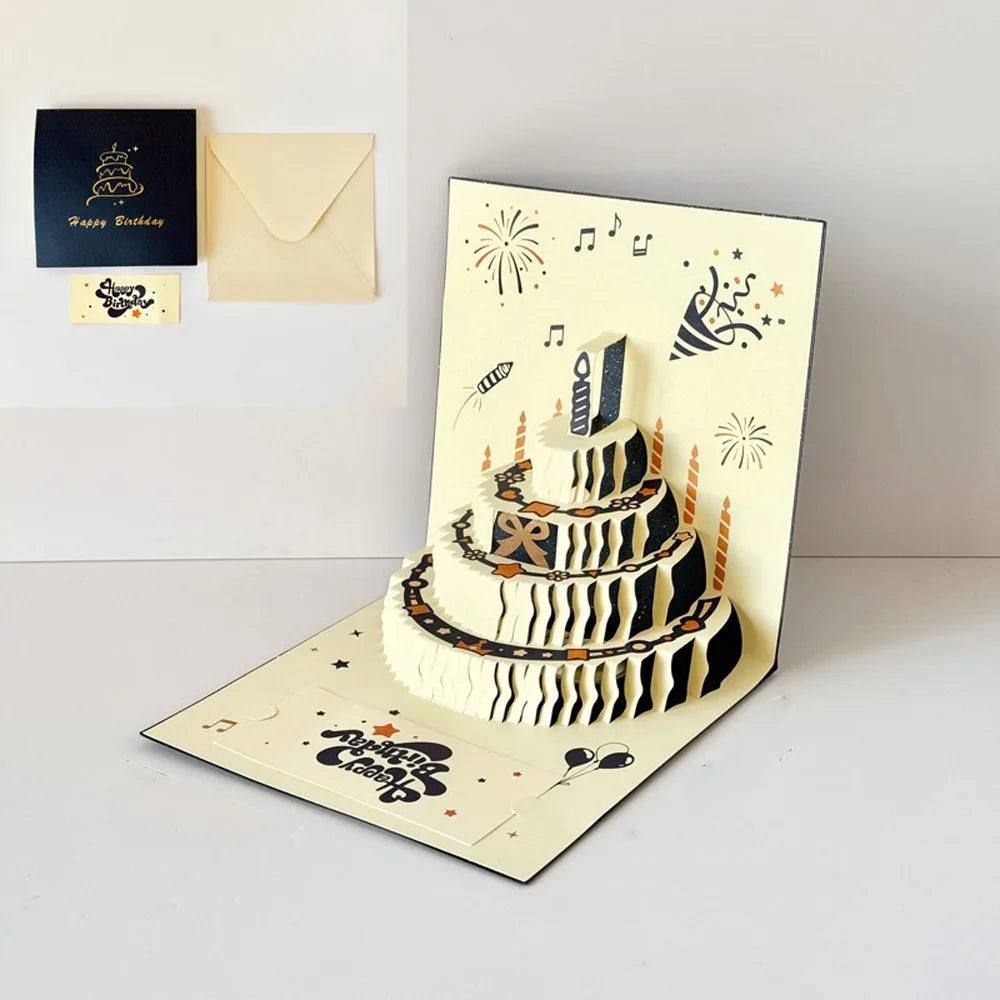 3D Pop-Up Happy Birthday Card – Four-Layer Cake & Envelope
