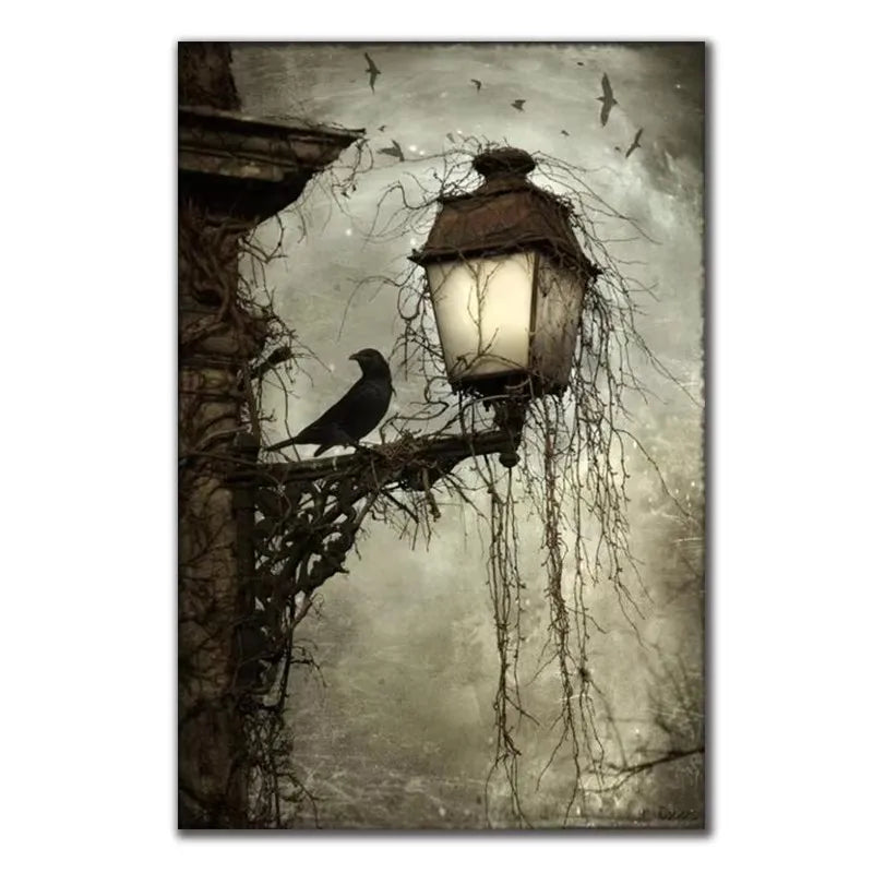 Vintage Halloween Black Crow Lamp Canvas Paintings Posters and Prints Wall Art Pictures for Living Room Wall Decoration Cuadros Peaceful Pleasures Health and Wellness ZLH5127 30x40cm No Frame