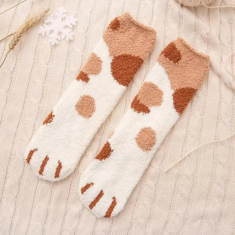 Women's Fuzzy Cat Paw Fluffy Socks | Warm Coral Fleece Floor Socks
