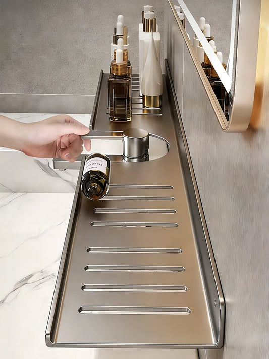 Wall-Mount Aluminum Bathroom Storage Rack & Faucet Tray Bathroom Storage Rack Peaceful Pleasures Health and Wellness