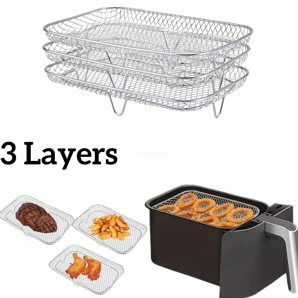 1–3 Layer Stackable Air Fryer Rack Set | 304 Stainless Steel Square Dehydrator Racks