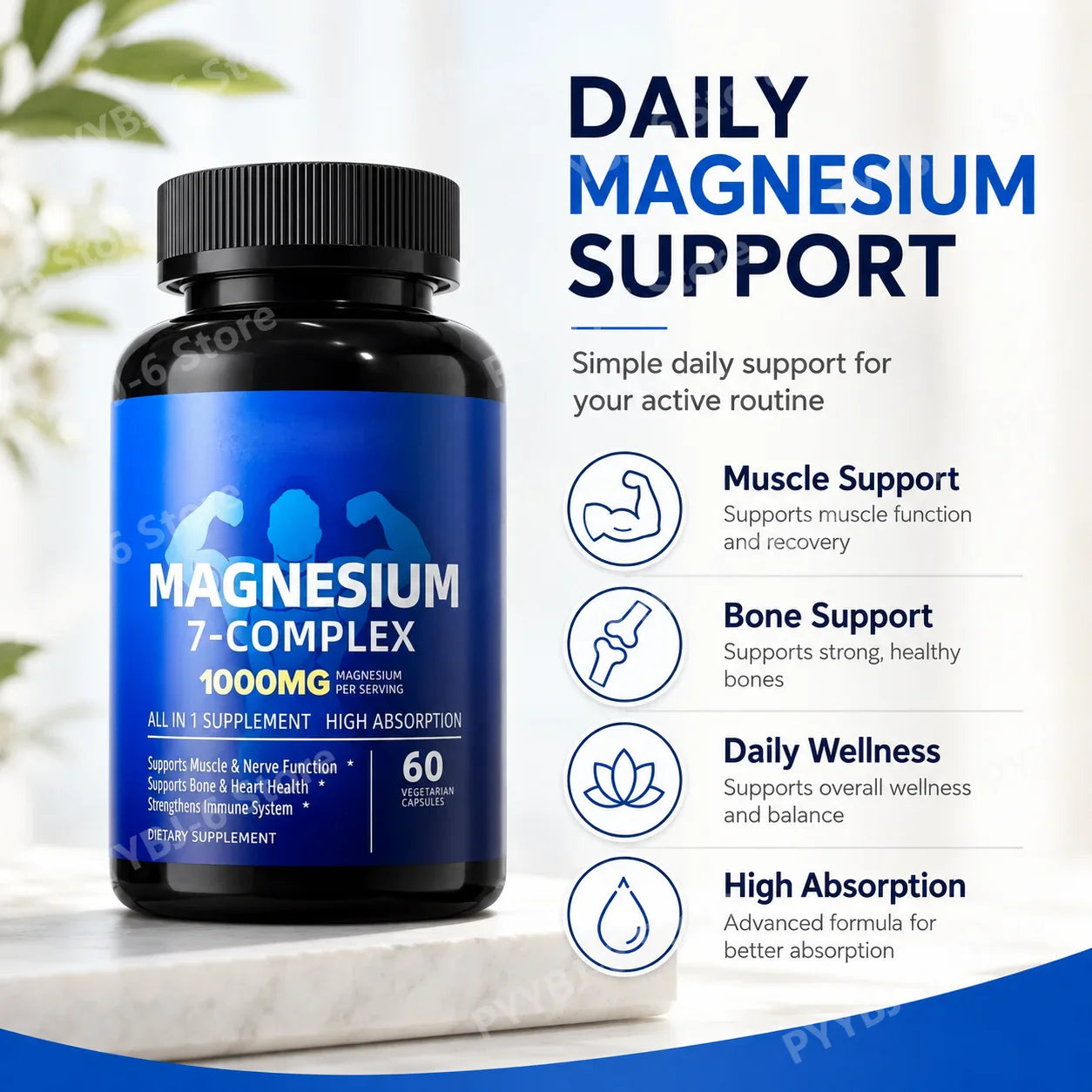 Magnesium 7 Complex 1000mg – Glycinate, Citrate, Zinc, D3 & B6 60ct