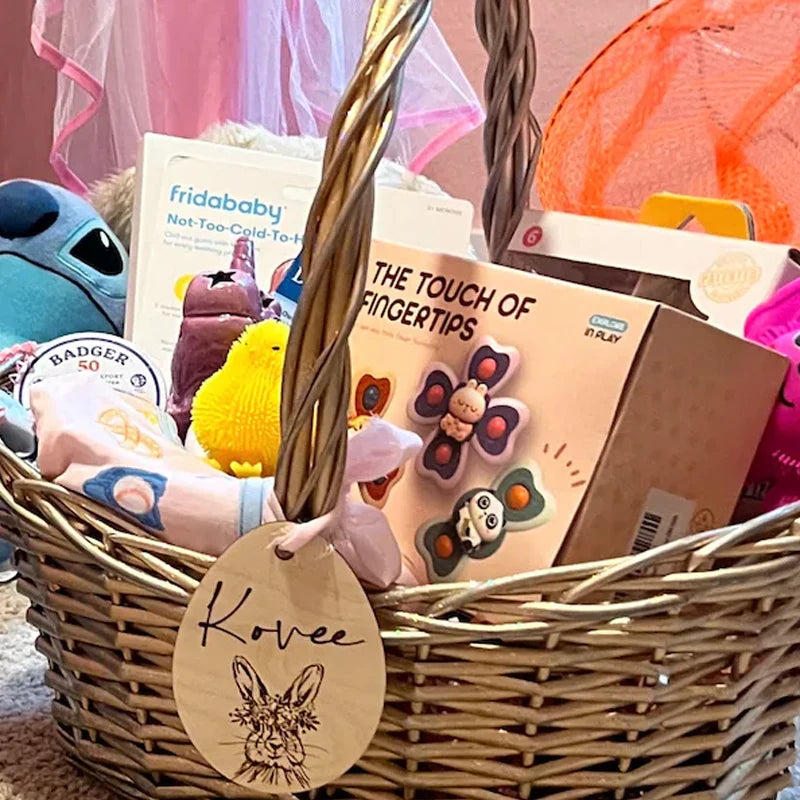 Personalized Wood Name Tag Easter Basket Kids | Egg Hunt Easter Basket Accessory Peaceful Pleasures Health and Wellness