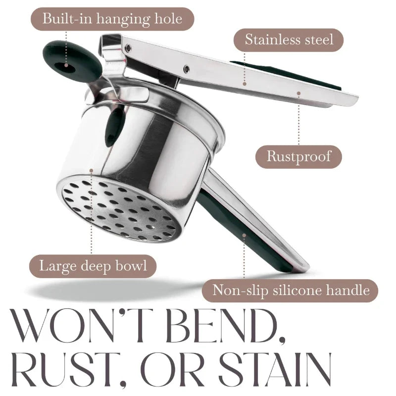 Stainless Steel Potato Masher Manual Press French Fries Cutter Dispenser Crusher Making Squeezer With 3/4 Interchangeable Discs Peaceful Pleasures Health and Wellness
