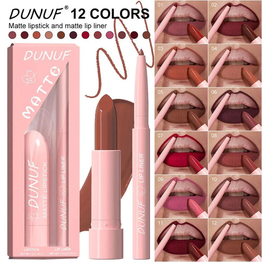 DUNUF 12-Color Matte Lipstick & Lip Liner Set – Waterproof Lip Makeup Set Oasis Select