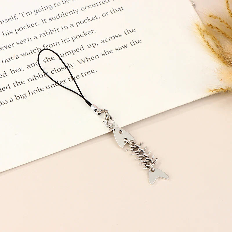 Y2K Fishbone Metal Phone Charm Lanyard | Alloy Keychain