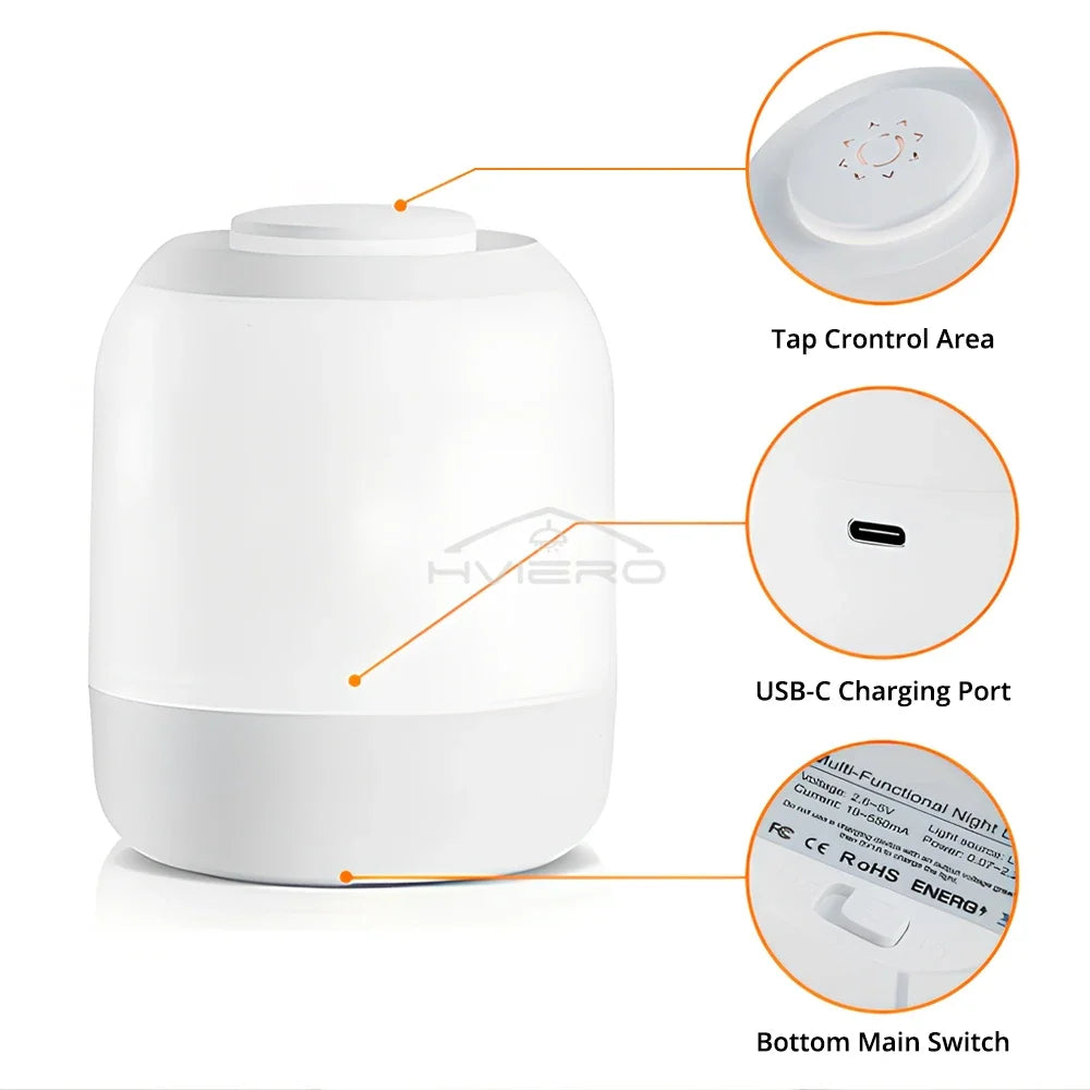 HVIERO Dimmable Touch LED Bedside Lamp | USB-C Rechargeable Night Light