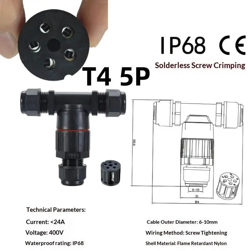 1Pc T Shape Waterproof Electric Connector Quick Screw Connect Push-in Terminals IP68 2/3/4/5Pin For Junction Box Wire Connector Peaceful Pleasures Health and Wellness T4 5PIN 24A