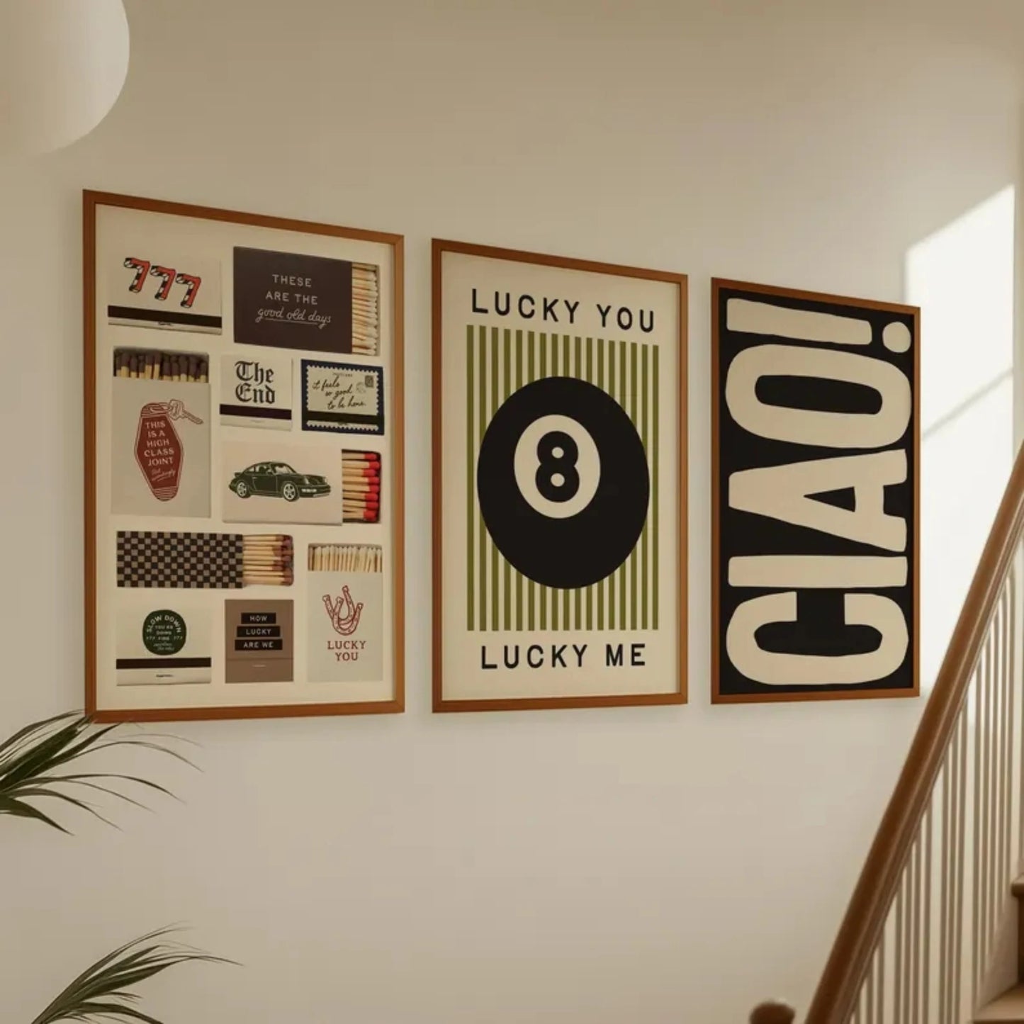 3pcs Trendy 8 Ball Lucky You Lucky Me Matchbox Ciao Wall Art Print Canvas Painting Poster Picture For Living Room Home Decor Peaceful Pleasures Health and Wellness G3576-3pcs 30x40cm Black Frame