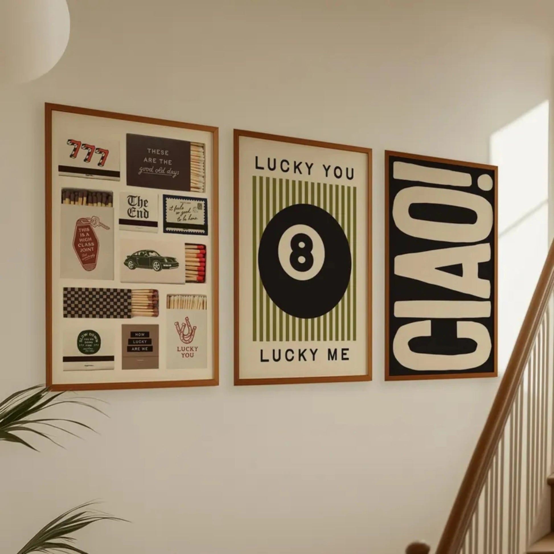 3pcs Trendy 8 Ball Lucky You Lucky Me Matchbox Ciao Wall Art Print Canvas Painting Poster Picture For Living Room Home Decor Peaceful Pleasures Health and Wellness G3576-3pcs 30x40cm Black Frame