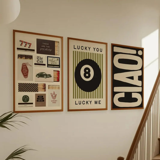 3pcs Trendy 8 Ball Lucky You Lucky Me Matchbox Ciao Wall Art Print Canvas Painting Poster Picture For Living Room Home Decor Peaceful Pleasures Health and Wellness G3576-3pcs 30x40cm Black Frame