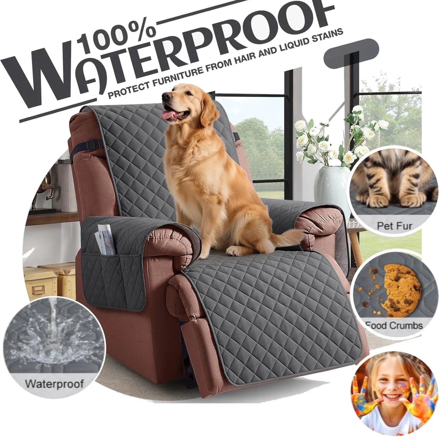Waterproof Recliner Chair Cover 1 Seater Solid Color Quilted Armchair Slipcover for Living Room Pet Kids Furniture Protecter Peaceful Pleasures Health and Wellness