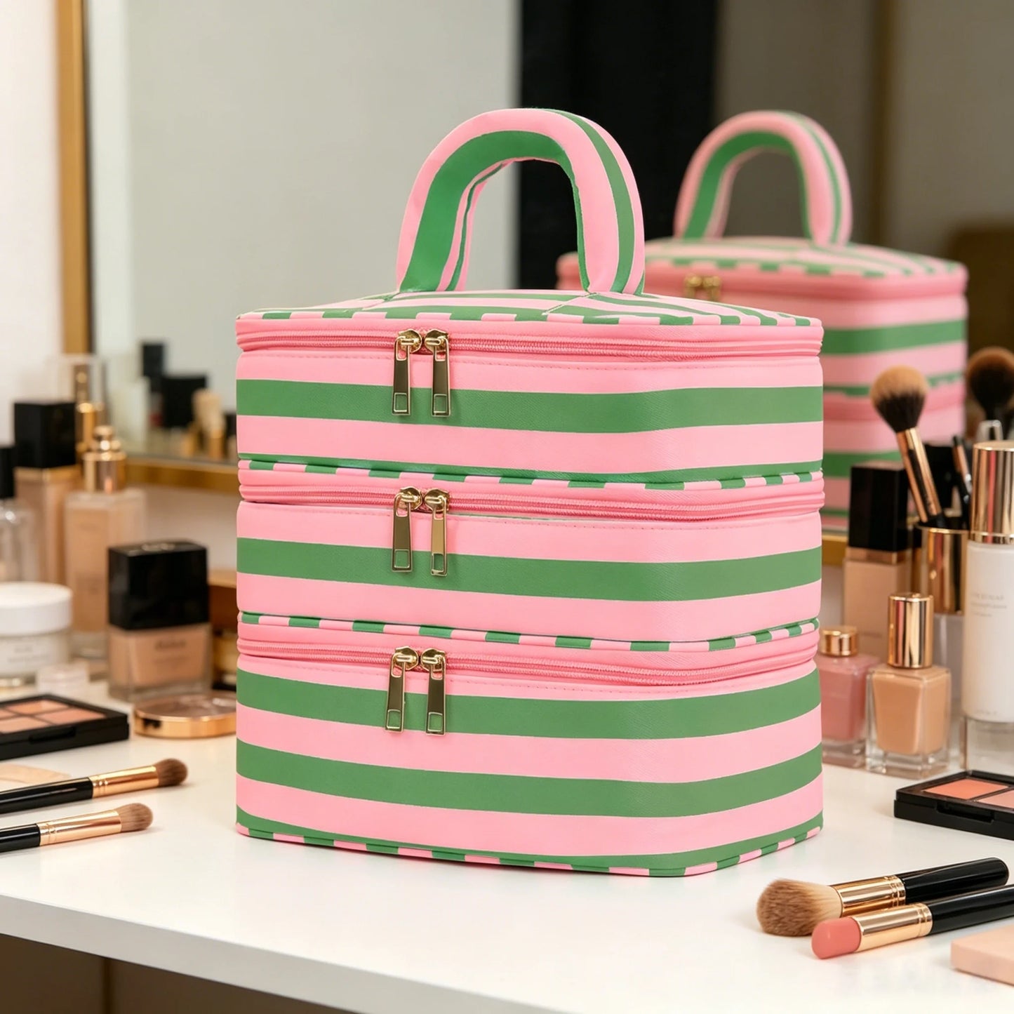 Large 3-Layer Travel Makeup Bag Organizer with Handle