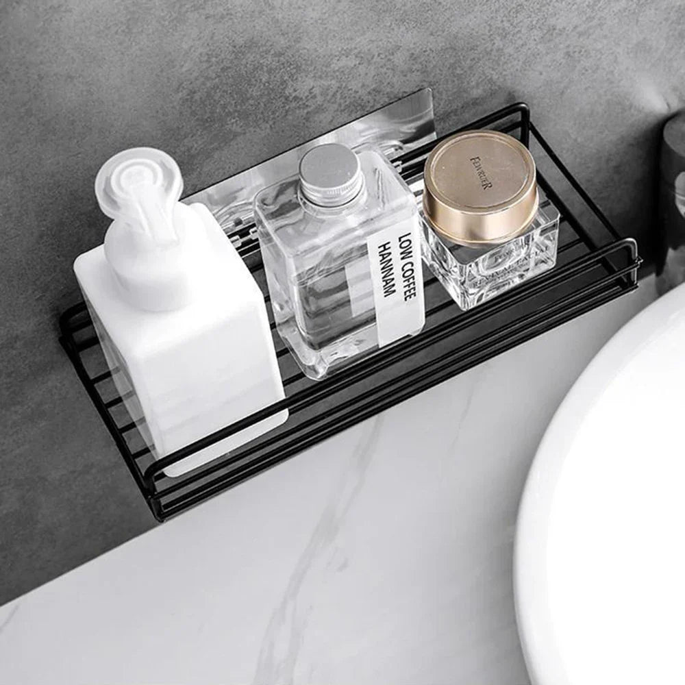 Black Iron Corner Shower Caddy Rack – Punch-Free Wall Mount