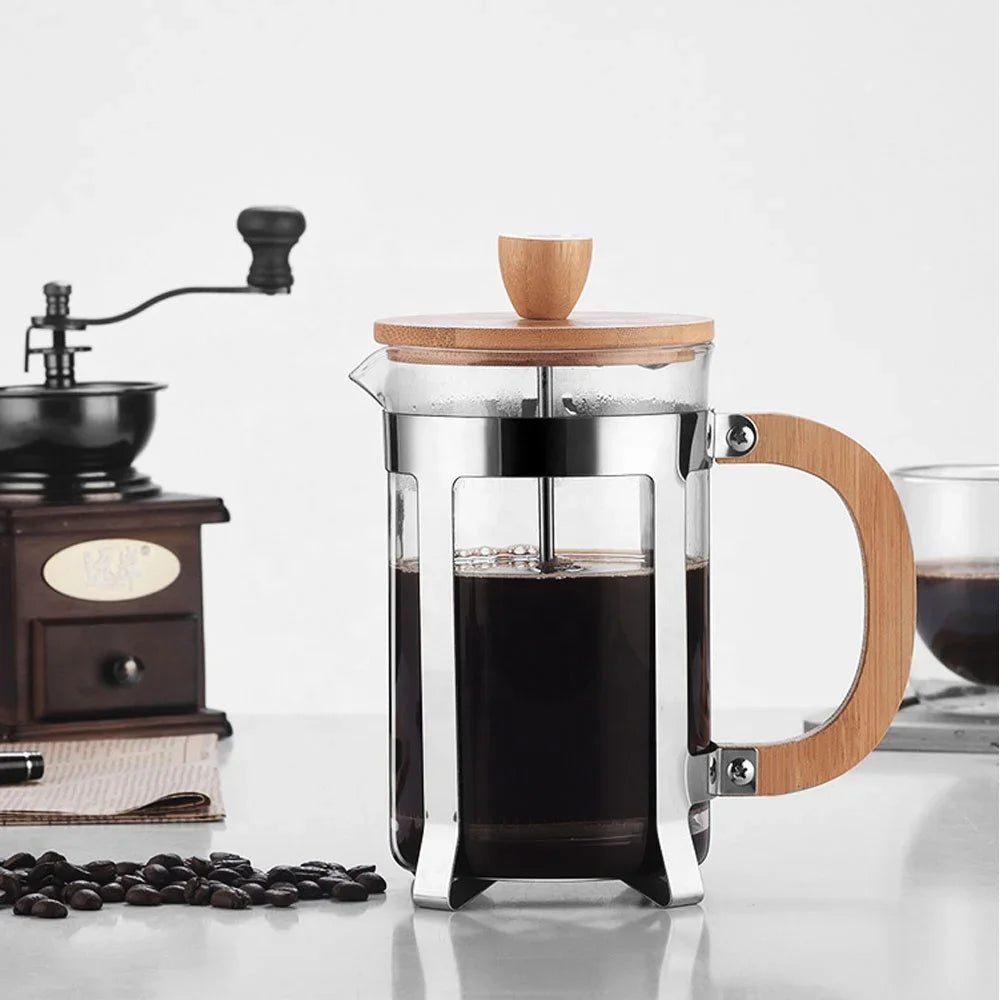 350/600ml Stainless Steel Pressing pots Food Grade Press type Wooden handle Maker French Transparent Press for Coffee and Tea Peaceful Pleasures Health and Wellness