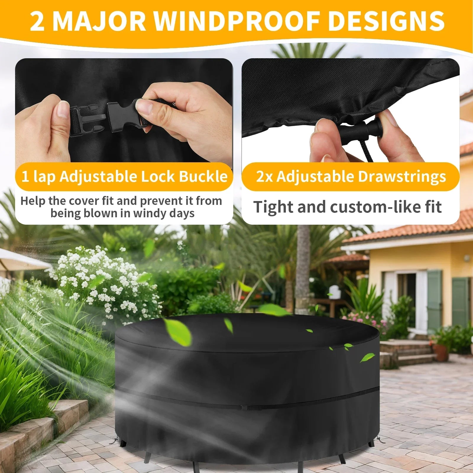 130-230cm Round Furniture Cover Outdoor 210D Waterproof Weatherproof Anti-UV Tear-Resistant Oxford Fabric Table Chairs Covers Peaceful Pleasures Health and Wellness
