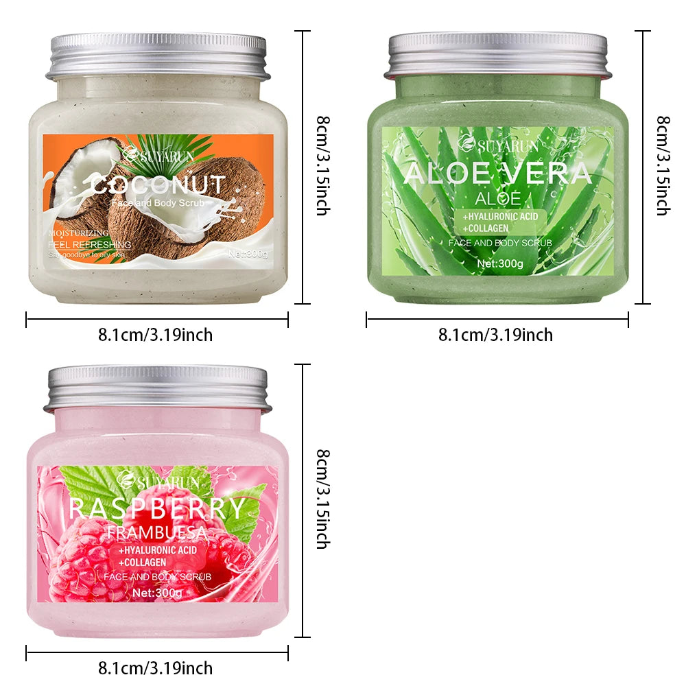 SUYARUN Natural Exfoliating Body Scrub - Raspberry/Aloe/Coconut, Moisturizing Dead Skin Removal, 3 Flavor for Smooth Skin. Peaceful Pleasures Health and Wellness