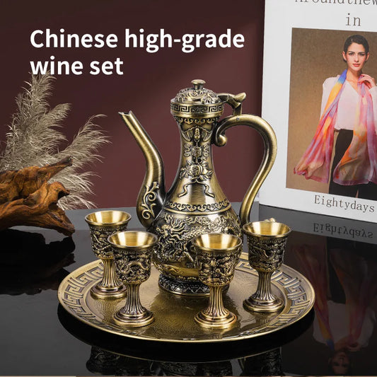 6 Pcs set Dragon and Phoenix Wine Set Tea Pot Home Party Decorative With 4 Cup Set Coffee Tea Serving Pot With Round Shaped Tray Peaceful Pleasures Health and Wellness
