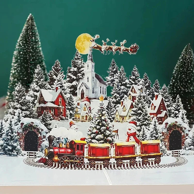 3D Pop-Up Christmas Card – Santa, Reindeer & Snowy Village