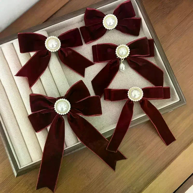 Retro Pearl Velvet Bow Hair Clip – Elegant Women's Hairpin