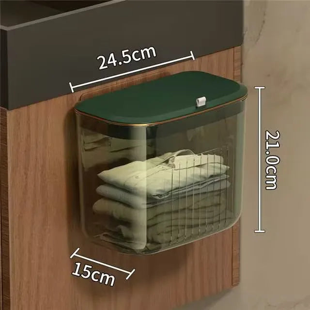Luxury Wall-Mounted Laundry Hamper No-Drill Hanging Dirty Clothes Basket with Lid for Bathroom/Bedroom, Transparent Storage Bin Peaceful Pleasures Health and Wellness Green S