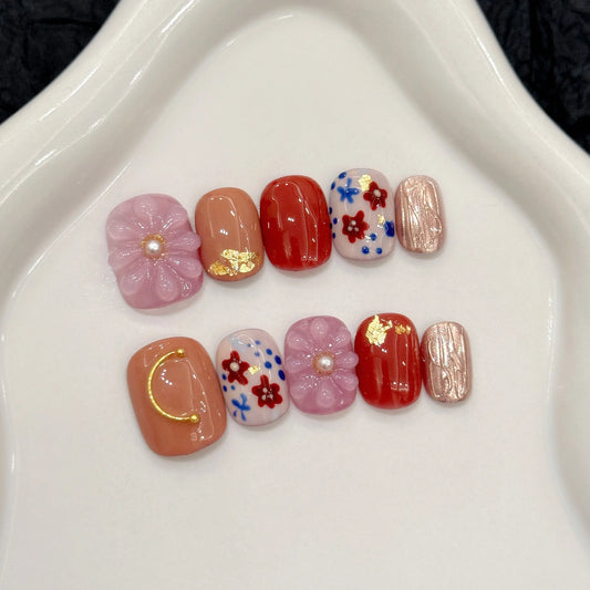 10pcs Handmade Short Press on Nails Color 3D Flower Design Fake Nails for Women Girl Wearable Sweet Cute Korean False Nail Tips Peaceful Pleasures Health and Wellness XS