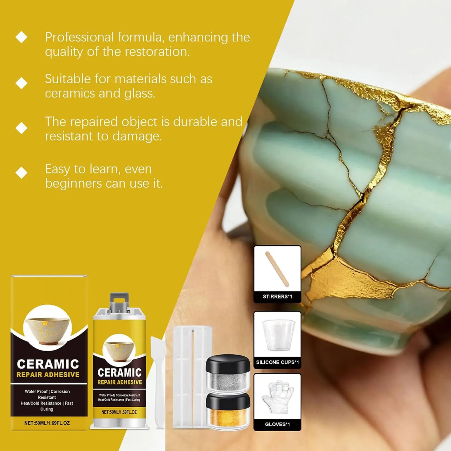 Kintsugi Gold Ceramic Repair Kit – Food-Safe Pottery Adhesive