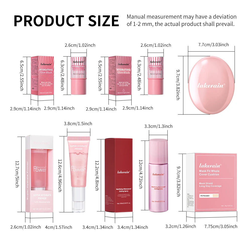 Pink Makeup Set Primer Setting Spray Include Air Cushion Foundation Base MakeupLipstick 5pcs/set Blush Hold Cosmetics Kit Peaceful Pleasures Health and Wellness