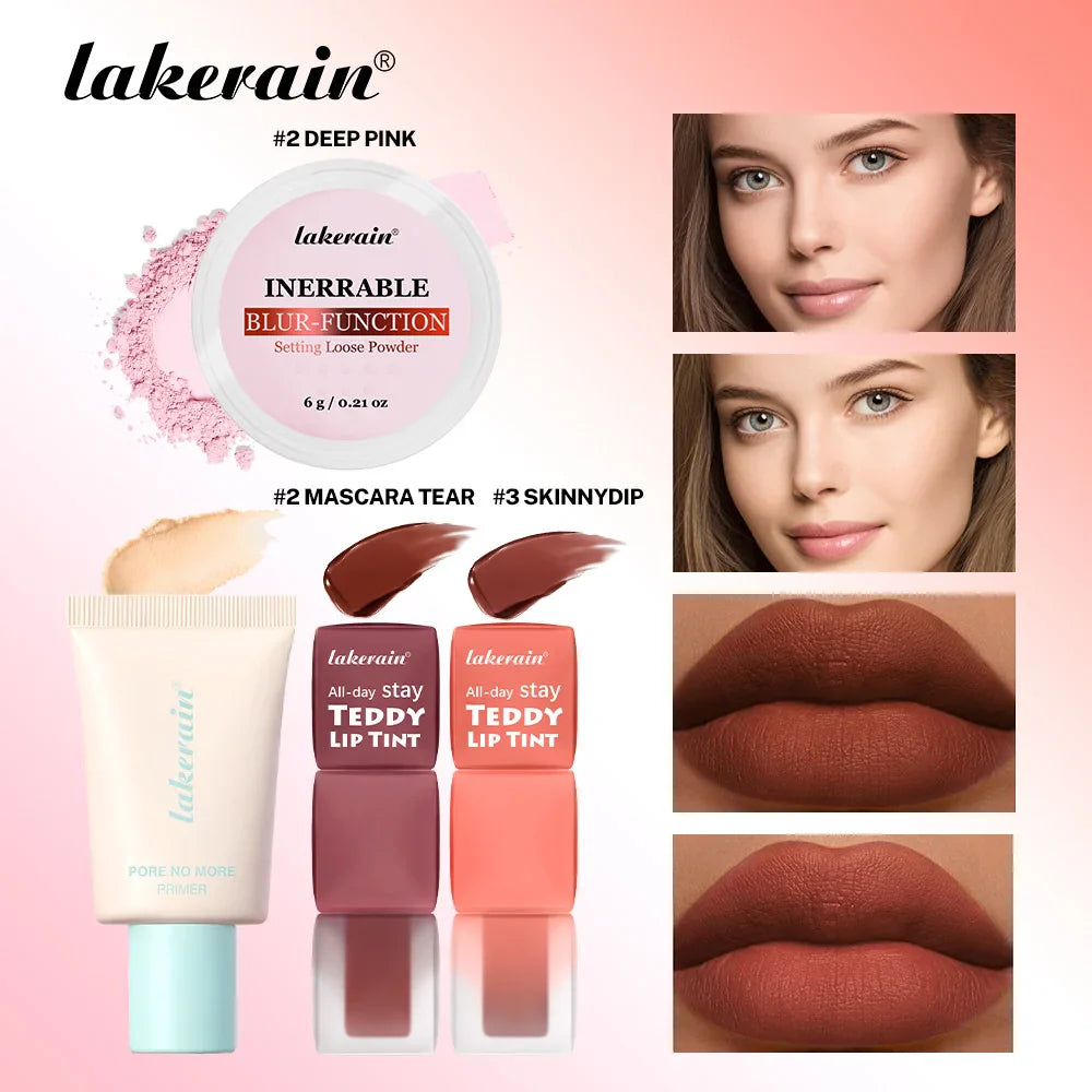 Lakerain 4-Piece Makeup Set – Primer, Lip Tint & Setting Powder
