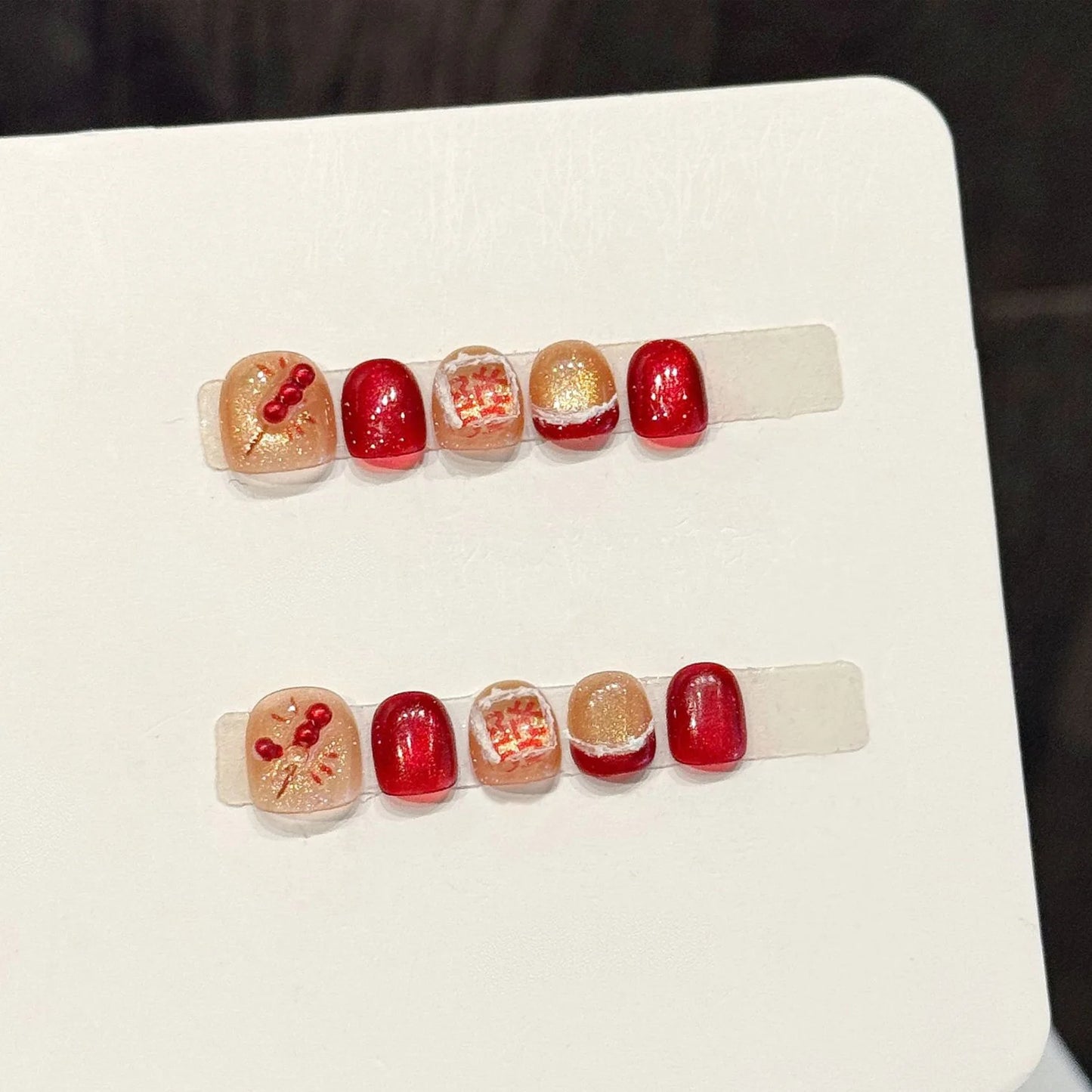 10pcs Handmade New Year Press on Nails 3D Decor Red Gold Cat's Eye Fake Nails Wearable Ins Sweet French False Nails Detachable Peaceful Pleasures Health and Wellness M