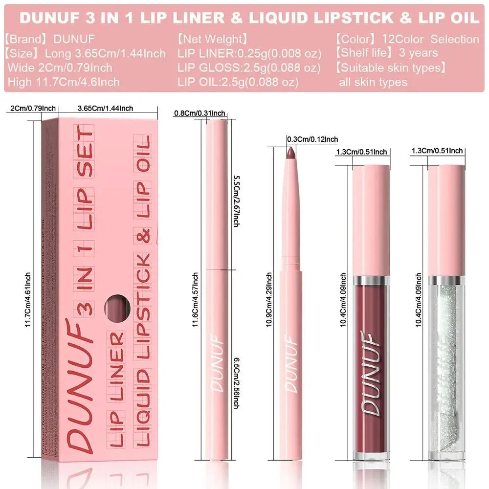 DUNUF 3-Pc Matte Lipstick Set – Lip Liner, Gloss & Oil Kit