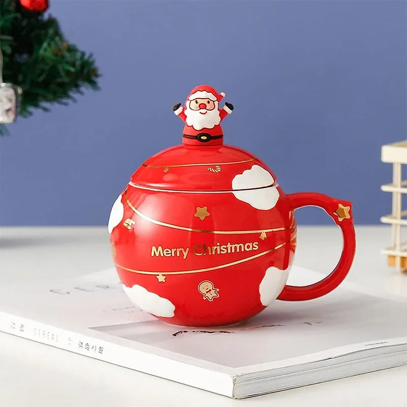 Creative cartoon Santa Claus spherical water cup with lid spoon mug Blue/Red household large-capacity ceramic cup Christmas cups Peaceful Pleasures Health and Wellness